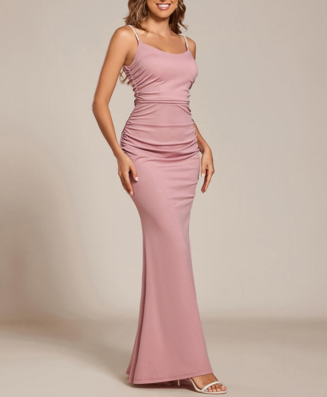 Dusty Rose Women's Crystal Spaghetti Strap Scoop Neck Glitter Bodycon Mermaid Prom Dress